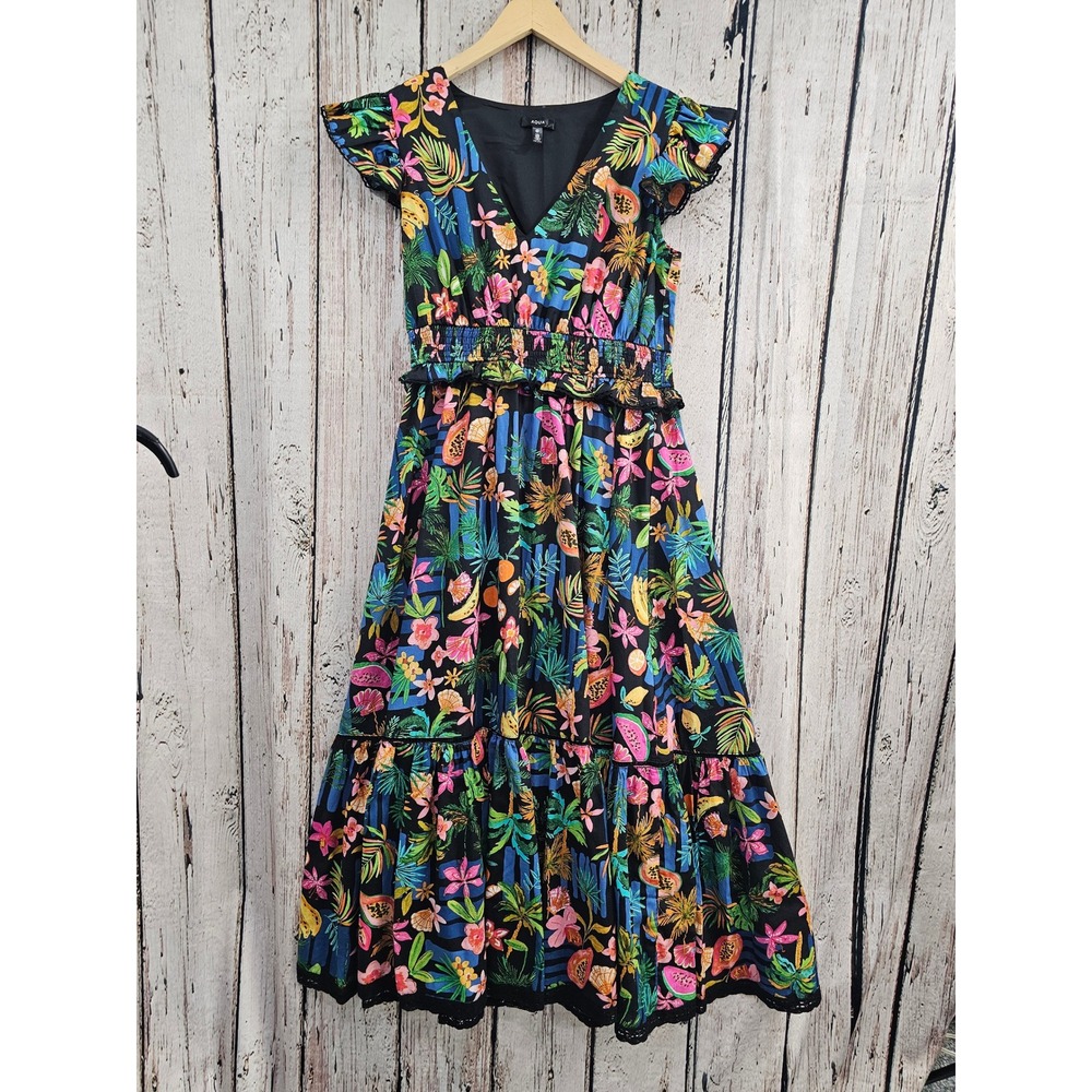 AQUA Tropical Floral Midi Dress Large 100% Cotton Black Multi Tiered Smocked L